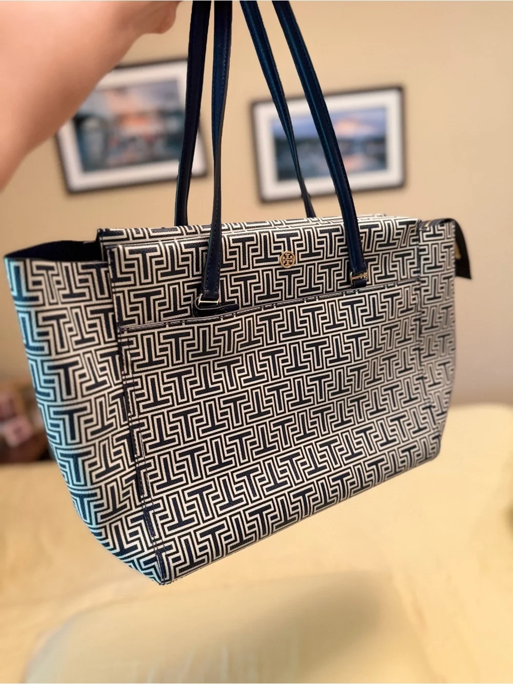 Tory Burch Navy and White Logo-Print Tote